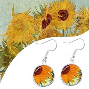 Van Gogh Sunflower Painting Drop Glass Earrings